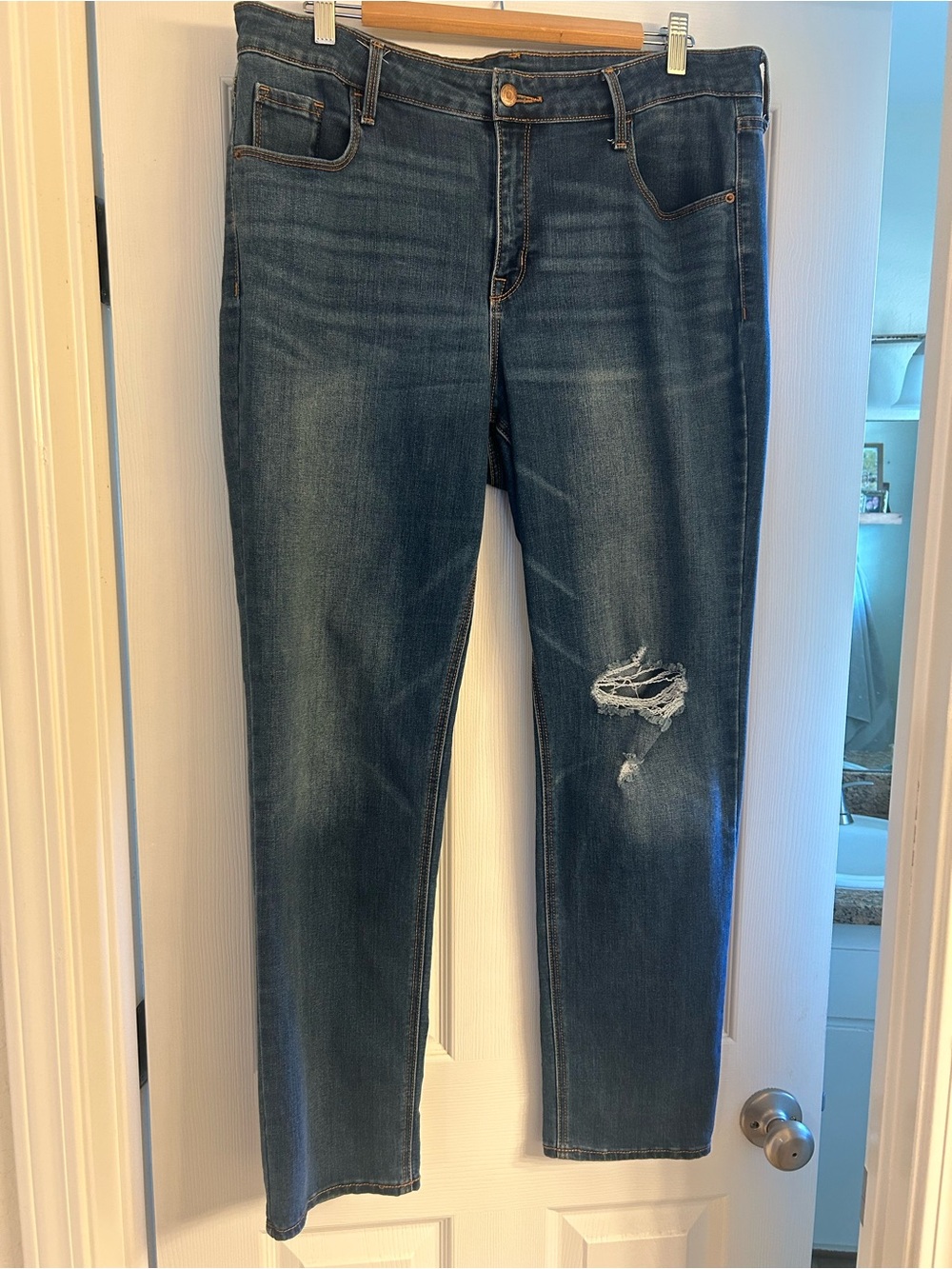 Old Navy Dark Blue Straight Leg Jeans with Knee Distress